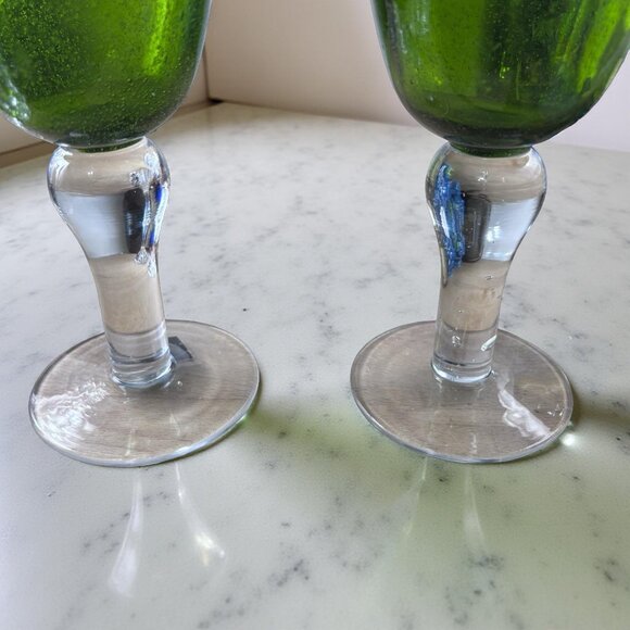 Vintage Blown Glass Goblet Set – Green Glassware Clear Stems (Pair) - Picture 6 of 10